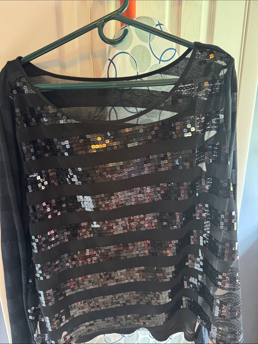 Lane Bryant Black Sheer Long-Sleeve Top with Iridescent Sequin Stripes
